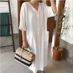 Deep V-neck open back slit 5 / s cotton linen long shirt 2021 Korean single breasted slim shirt dress large