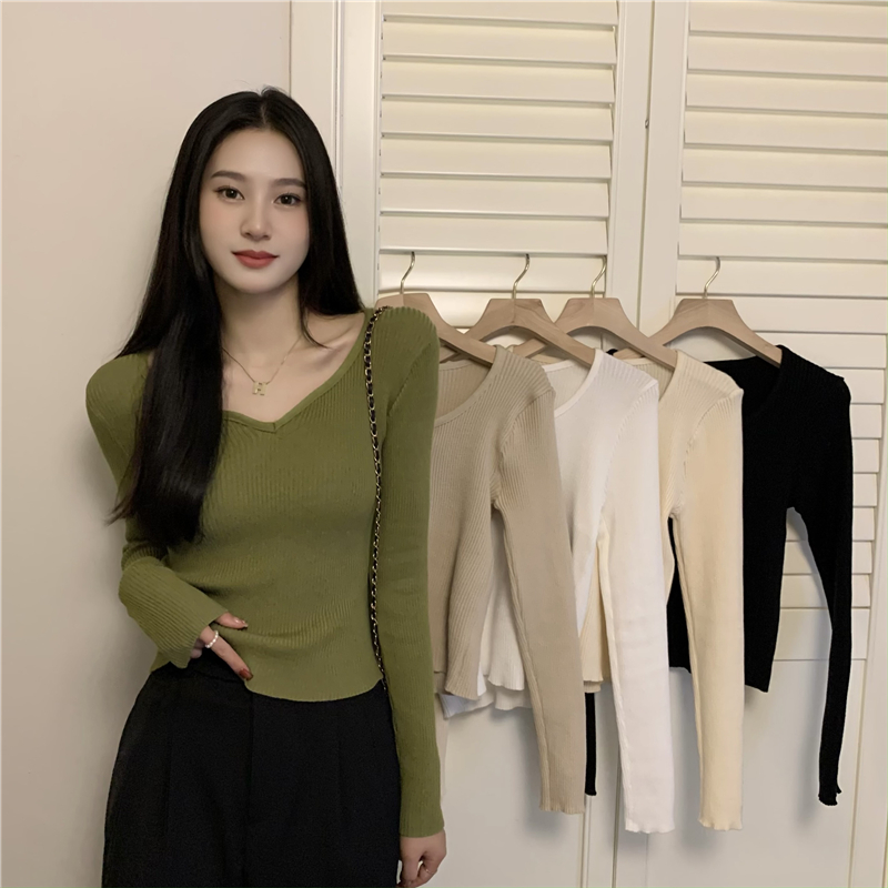 Real shot real price temperament V-neck self-cultivation all-match long-sleeved inner knitted bottoming shirt T-shirt top women