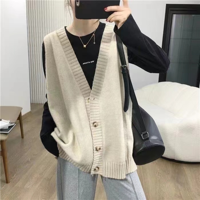 Korea Dongdaemun Autumn Multi-purpose Long Cardigan Women's Outerwear Cashmere Waistcoat Lazy Style V-neck Knitted Vest 
