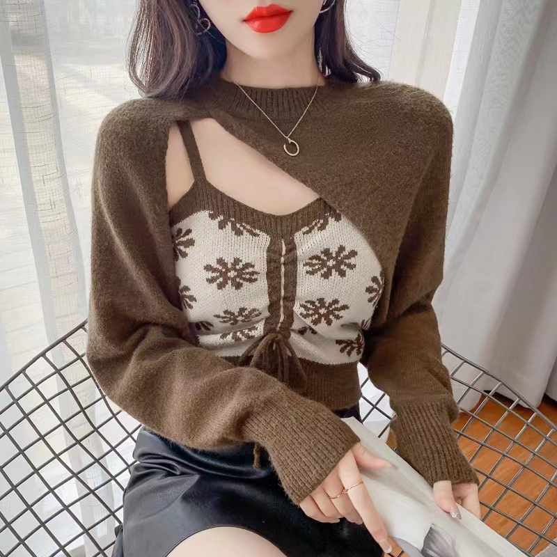 South Korea Dongdaemun suit female 2022 autumn new solid color long-sleeved shawl flower suspender two-piece suit