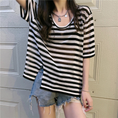 Real shot real price Korean design split stripe thin loose V-neck short sleeve T-shirt for women