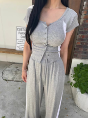 Korea Dongdaemun new summer color block top and casual pants suit