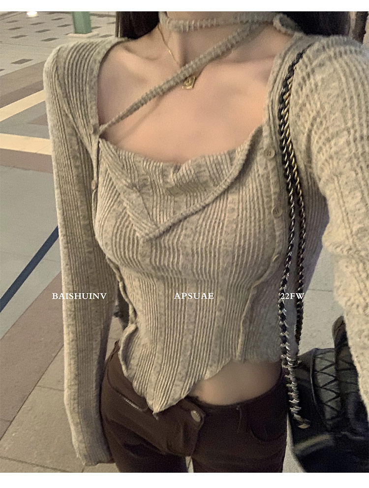 Baishui women fake two-piece long-sleeved t-shirt women's autumn slim fit design small irregular tie chic short top