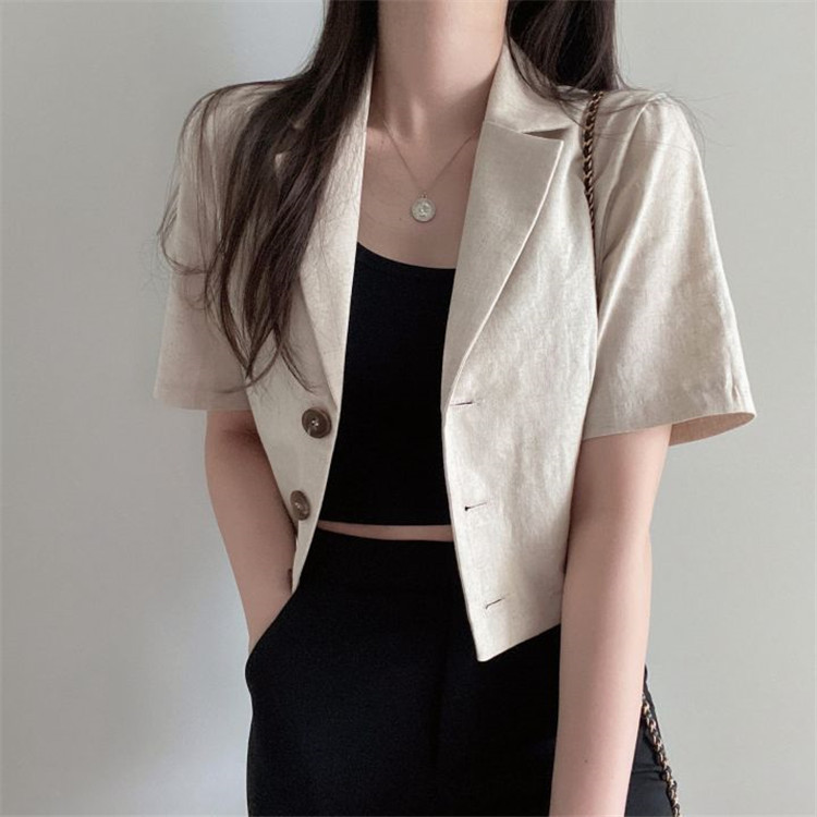Korean solid short sleeve cotton and hemp Blazer women's 2021 summer new casual short style small suit coat