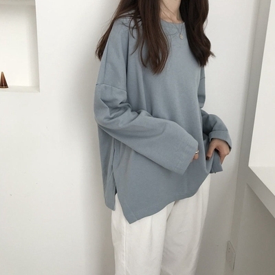 Autumn solid color long sleeve T-shirt women's Korean loose thin top bottoming shirt