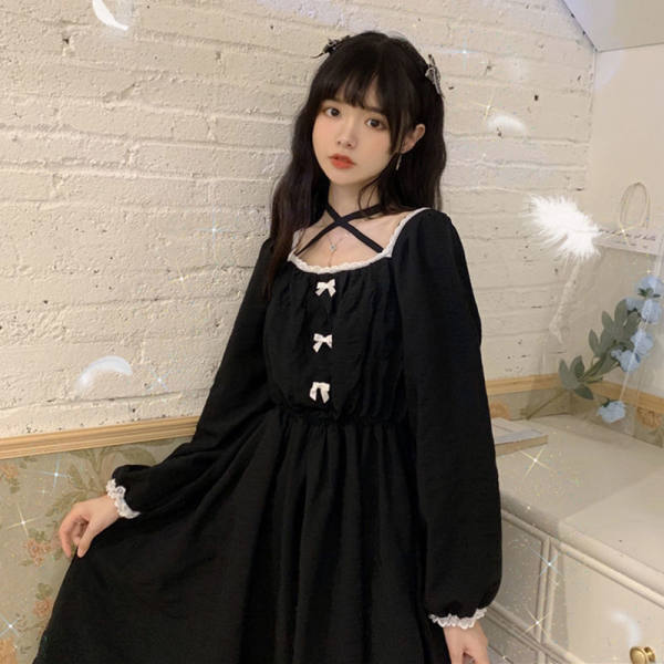 French temperament college dress 2021 autumn retro bandage hanging neck lace bubble sleeve Japanese small black skirt