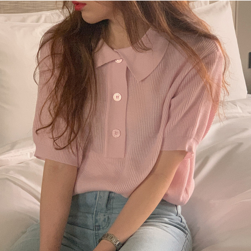 Soft pink Lapel short sleeve T-shirt