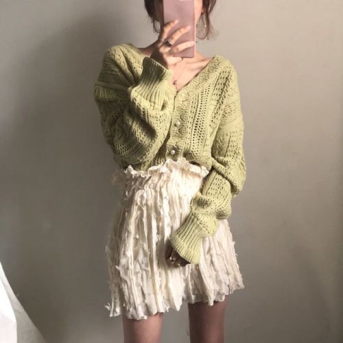 Hollowed out sweater women's spring and autumn loose thin style, wearing lazy style fairy long sleeve knitted V-neck coat