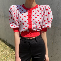 Sweet age reduction love embroidery round neck contrast loose short single breasted bubble sleeve T-shirt for women