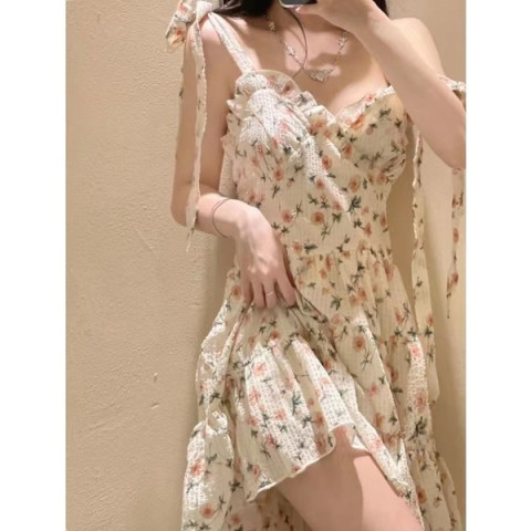 French waist wood ear floral pure desire wind suspender skirt retro sweet fairy dress female summer slim skirt