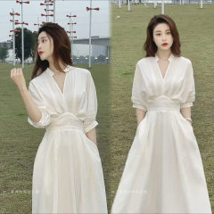 Niche design temperament shirt dress women's high-end waist slimming V-neck light luxury medium length summer new skirt