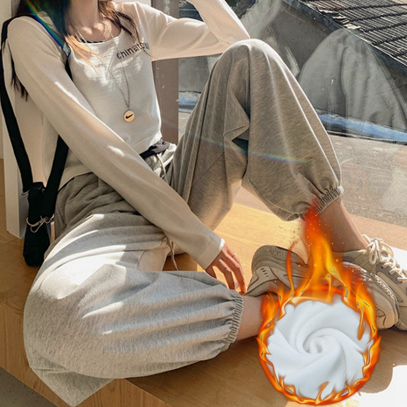Real shot winter Korean version of cotton plus velvet thick drawstring high waist straight small leggings casual sports pants women