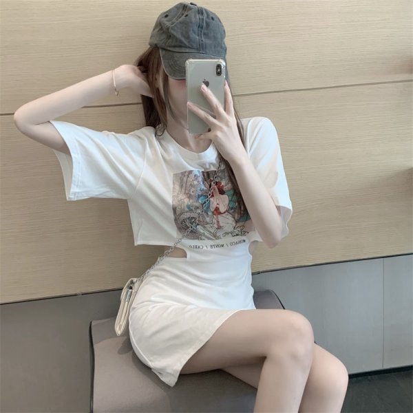 A word sexy temperament short-sleeved t-shirt skirt female short skirt summer top mid-length dress skirt skirt bag hip skirt