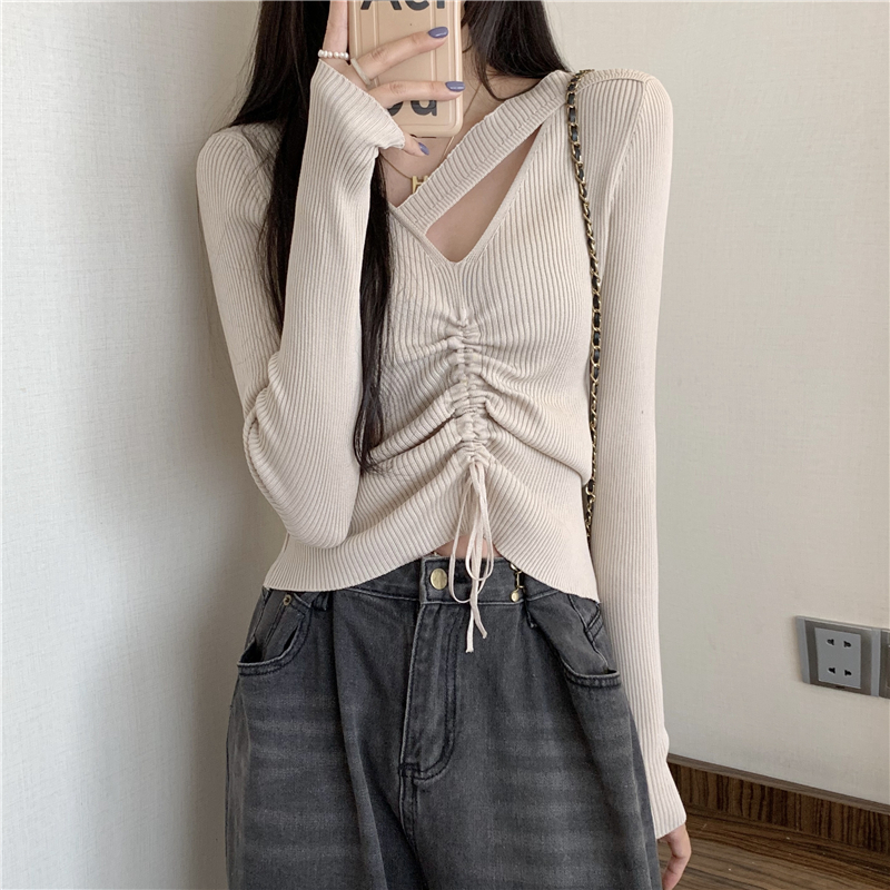 Real shot real price design sense niche hollow v-neck drawstring self-cultivation all-match long-sleeved knitted bottoming shirt T-shirt top women