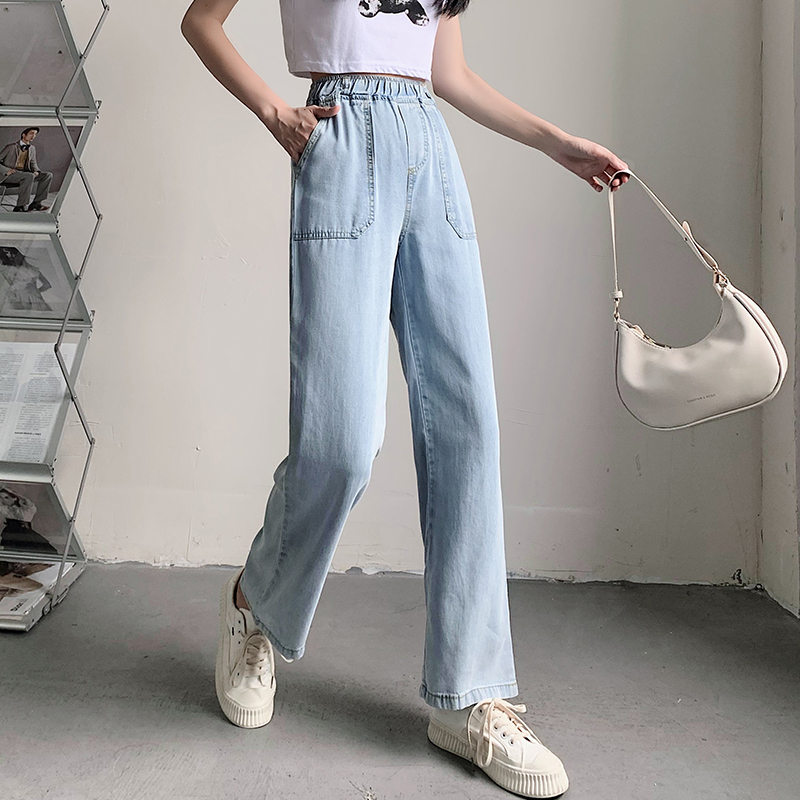 Real picture of Tencel jeans wide leg pants women's high waist summer thin loose straight tube drop feeling ice light color nine cent pants