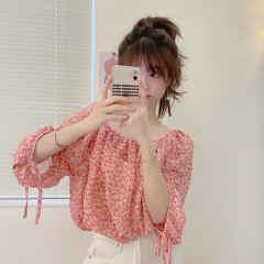 Real price French Floral Chiffon square collar versatile shirt women's Korean leisure retro top