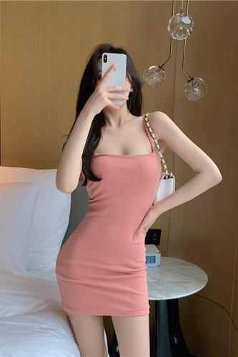 Real photo straight men's Pink low chest show body sexy thin shoulder strap suspender short dress