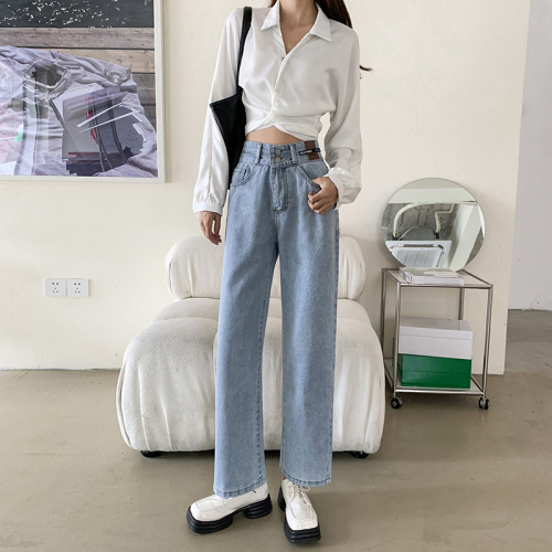 Real price ~ fashionable Retro Blue looks good! Washed lazy straight jeans with thin wide legs and high waist