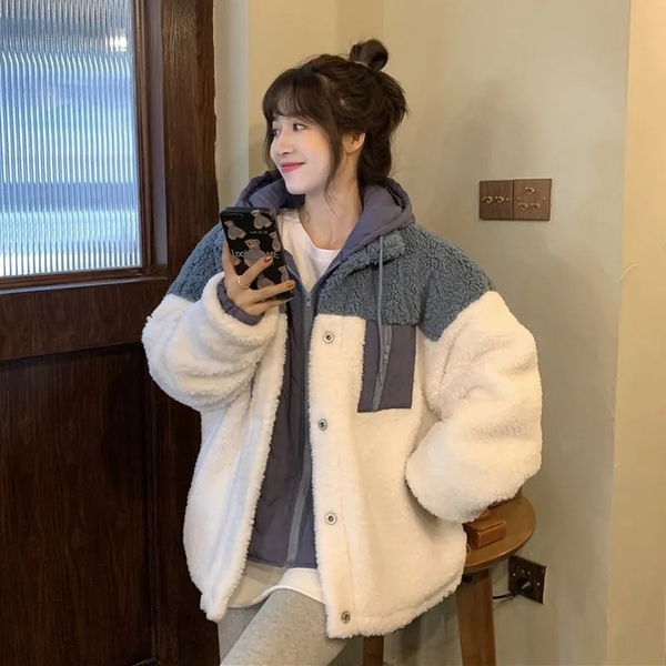 Winter cotton clothes female Korean students loose large imitation lamb wool splicing fake two-piece hooded thickened cotton coat coat