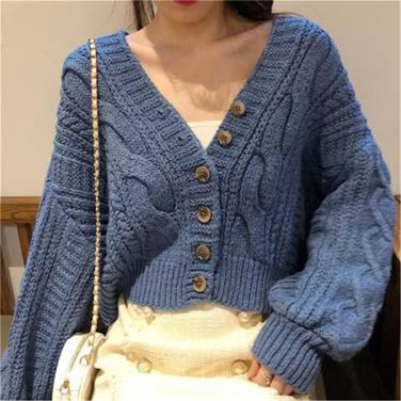 Six button cardigan short top women's Korean retro V-neck net red sweater loose French lazy style to wear outside