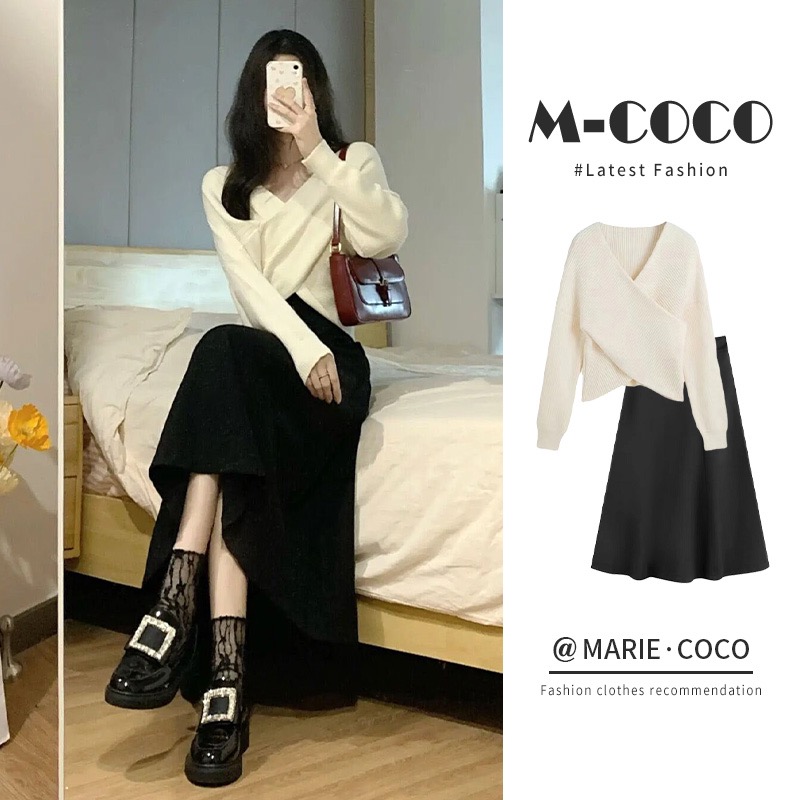 Autumn and winter Hong Kong style retro chic college style lace sweater cardigan jacket pleated tutu skirt two-piece suit female