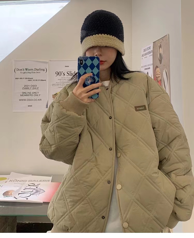 Official picture cotton jacket women's 2022 new cotton jacket baseball uniform winter jacket niche design sense rhombus oversiz