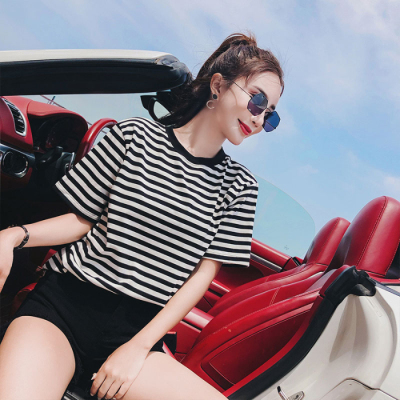 Summer black and white stripe T-shirt women's short sleeve loose top