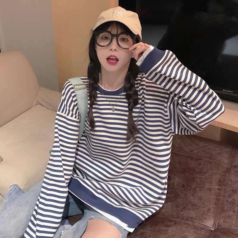 Real shot cloth cotton thin sweater women's round neck stripe fake two autumn jacket