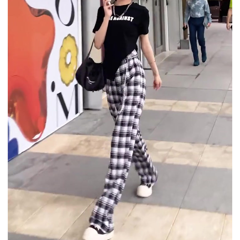 2021 summer new fashion letter short sleeve T-shirt women's top with casual Plaid wide leg pants