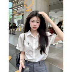 Hong Kong style rabbit embroidered short-sleeved shirt for women summer new loose casual Korean white shirt high-end top