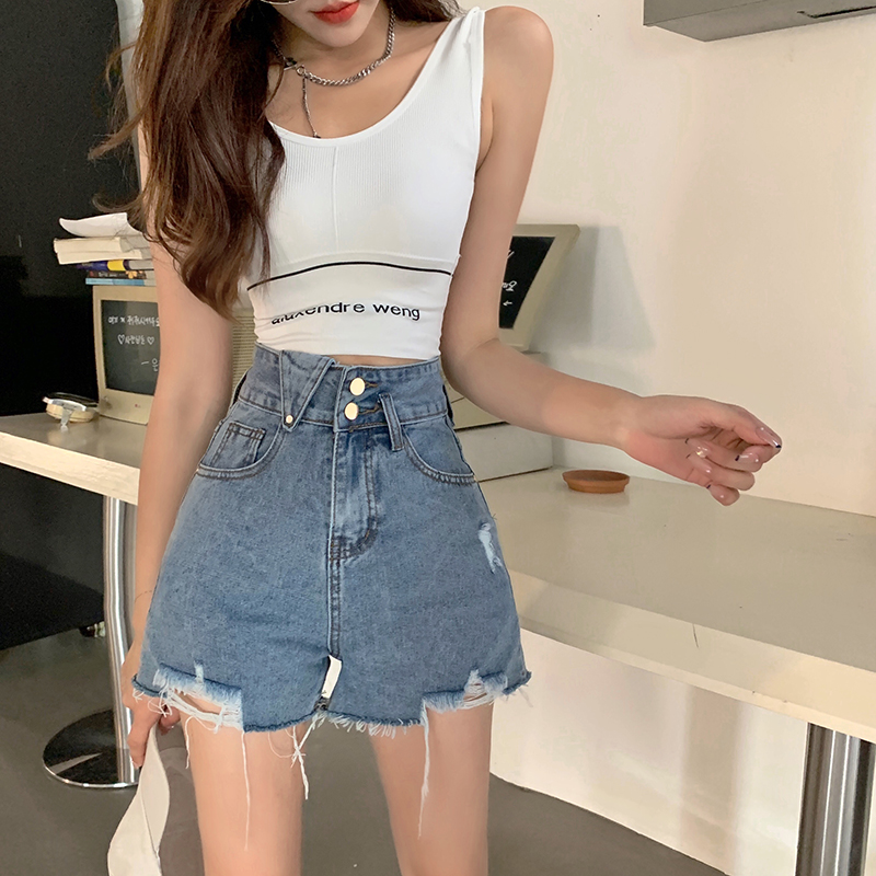 Real shot #summer new Korean version design sense bombing street hole denim shorts female fat sister loose and thin a-line pants