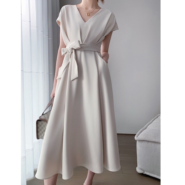 Aunt Cui customized Hepburn pocket skirt French style high waist dress women's spring and summer design white dress