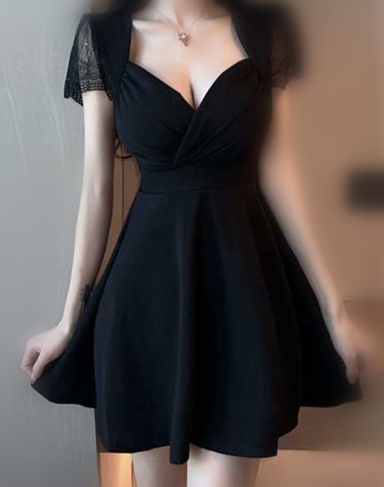 Night club women's sexy work clothes low chest deep V-neck lace stitching temperament French waist closing thin puffy skirt