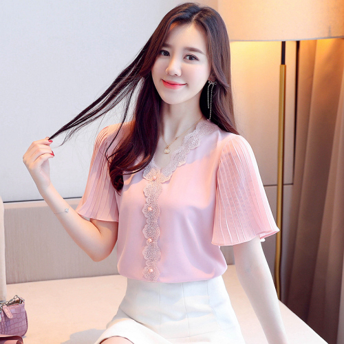 New style Summer Fashion Chiffon Blouse women's short sleeve top loose horn sleeve V-neck westernized blouse