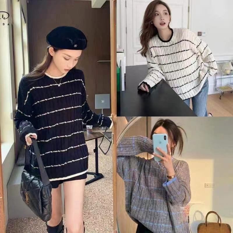 Korean version striped twist sweater women's autumn and winter new style knitted sweater warm and soft waxy short sweater