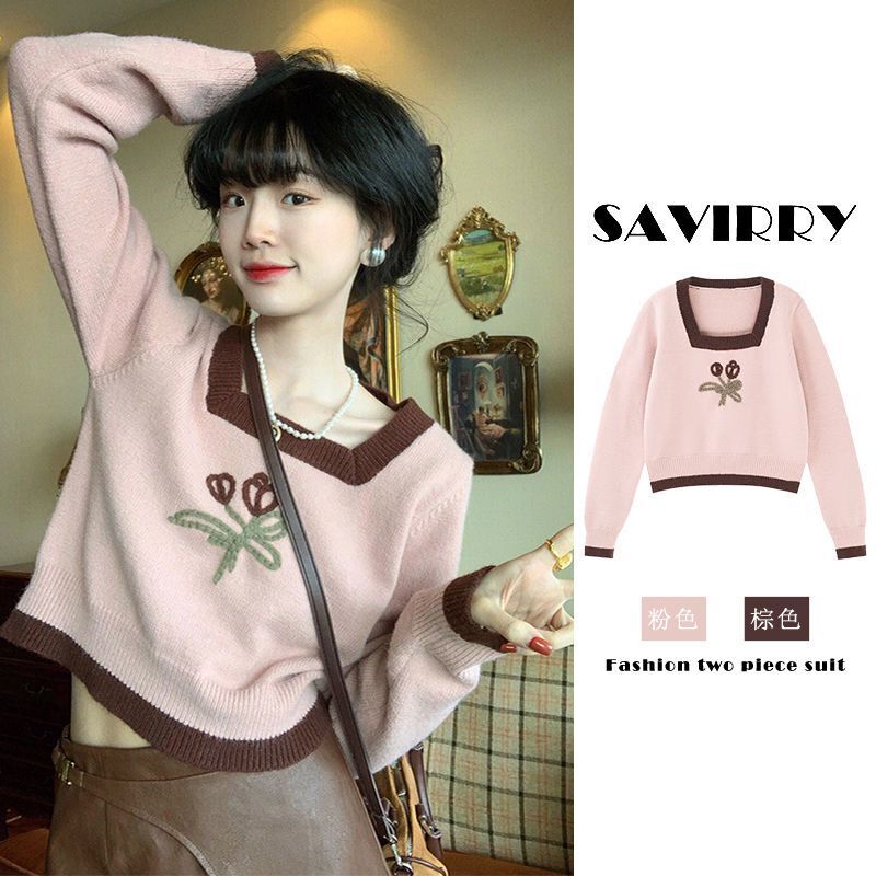 Xinzi wild taro mud hits milk autumn and winter Hong Kong style embroidery niche design pullover sweater