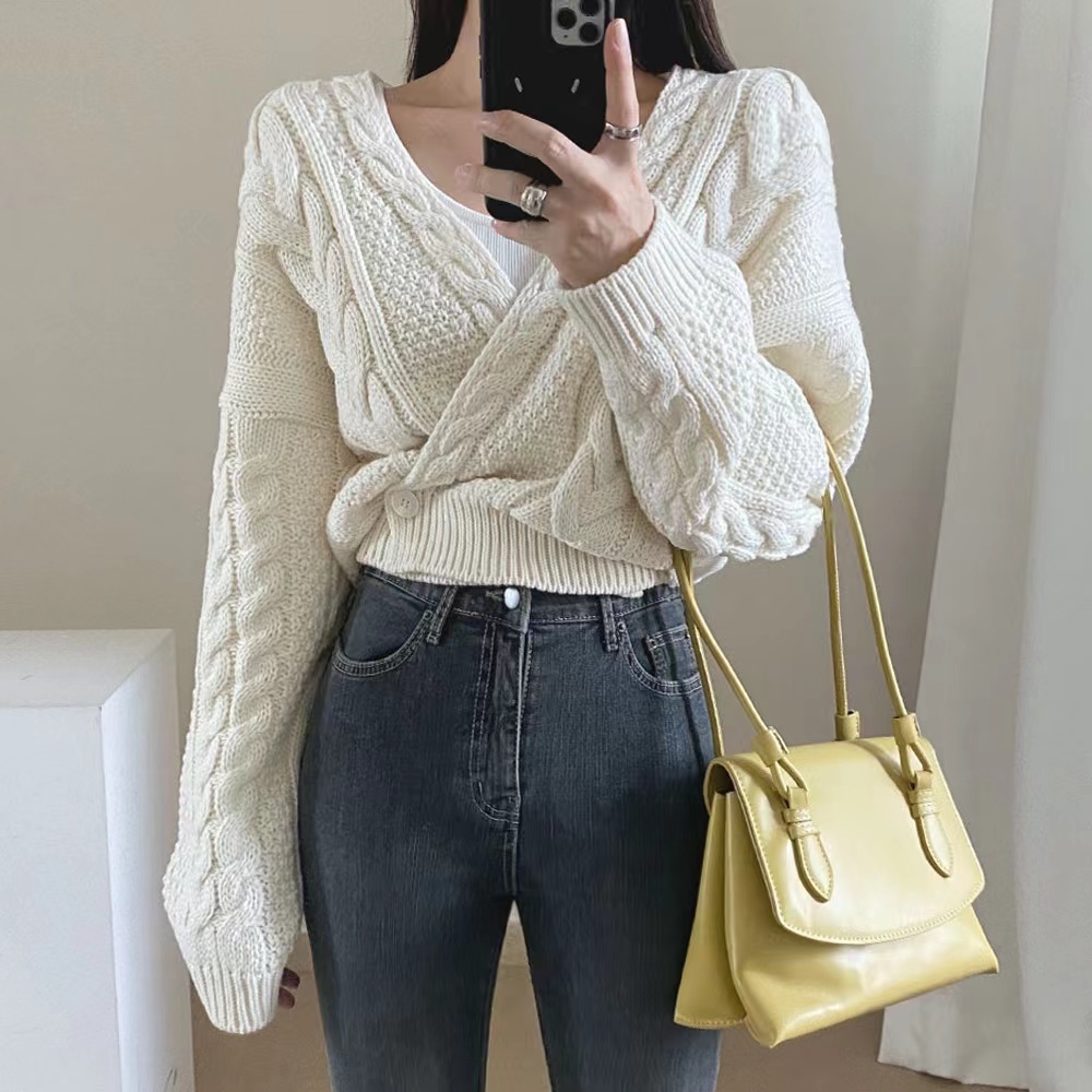Korean version chic casual chic one button heavy hemp pattern V-neck retro sweater cardigan jacket autumn and winter