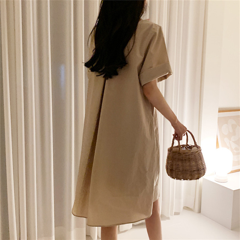 Dovetail style slim round neck A-line skirt large swing dress 2022 summer and Korean version loose short sleeve linen medium skirt large