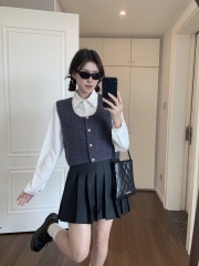 Actual shot - Gentle single-breasted button cardigan vest, versatile knit, layering inner wear with white shirt, two-piece set