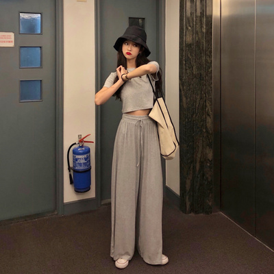 Spring, autumn and summer new all-match tight college style thin solid color T Korean version wide-leg trousers trendy suit