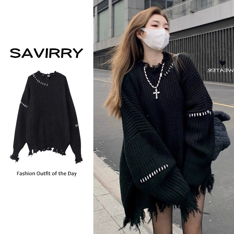 South Korea's Dongdaemun autumn and winter new loose and lazy wind hole personality trendy design pullover thick sweater women
