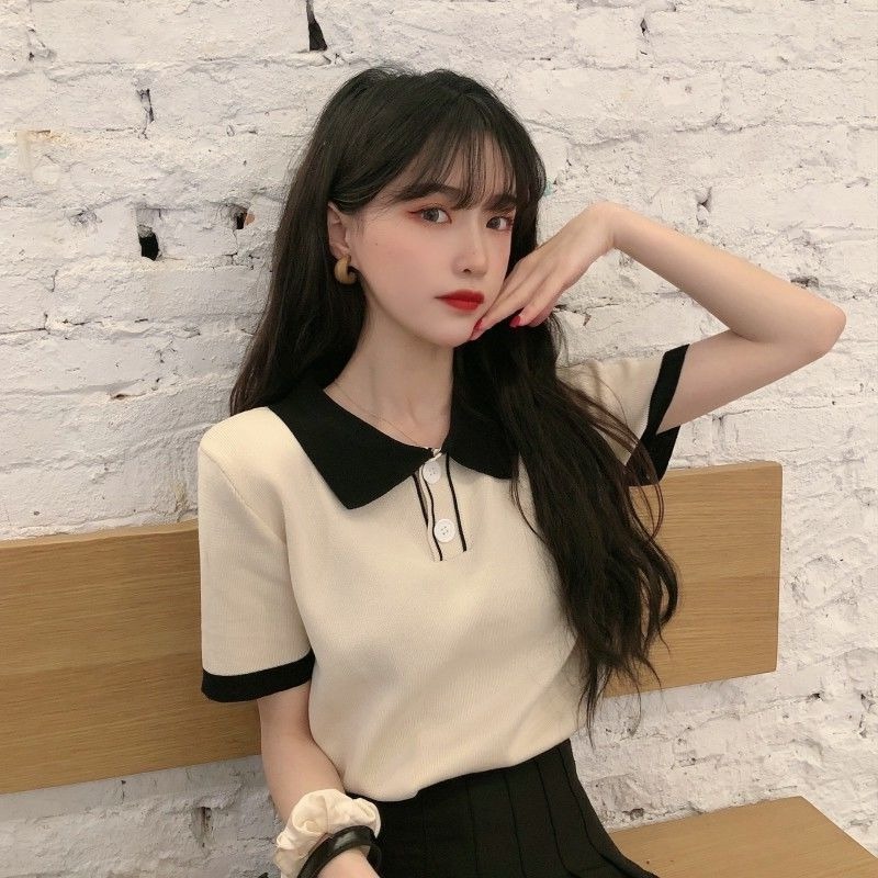 Knitted short sleeved women's summer new polo collar, versatile, slim and slim, short Harajuku style top fashion