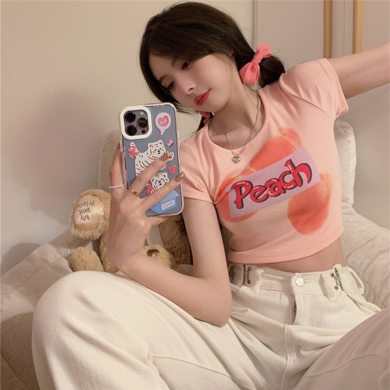 Real shot 100% fiber short short sleeve T-shirt women's navel exposed slim fit small Plaid top summer high waist women's wear