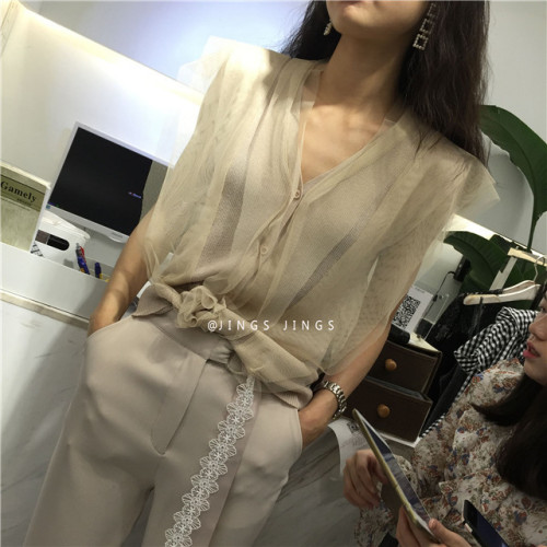 Ice silk vest new Korean fashion mesh splicing collar single breasted sleeveless T-shirt