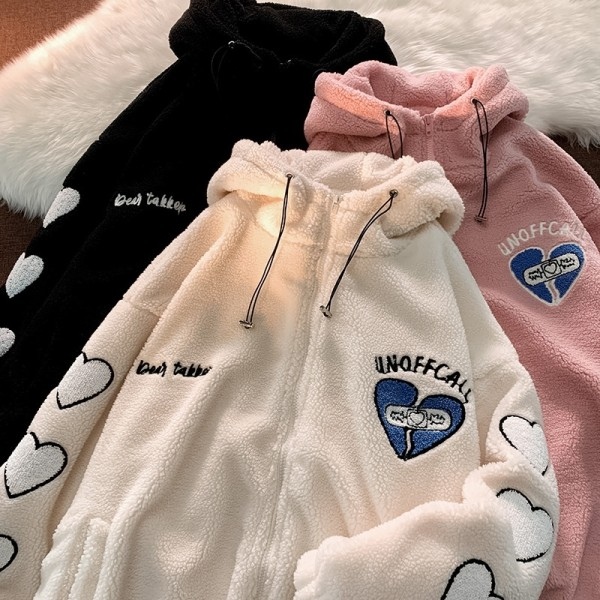 Towel embroidered lamb wool American retro love thickened jacket men and women tide brand hooded couple cotton clothes