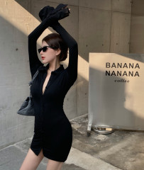 Real price early autumn mid long high waist slim button Lapel flare sleeve versatile cardigan dress