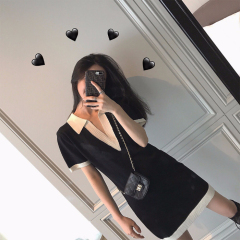 2021 summer new French Retro High Waist V-neck small black dress super fairy first love egg Platycodon knitted dress