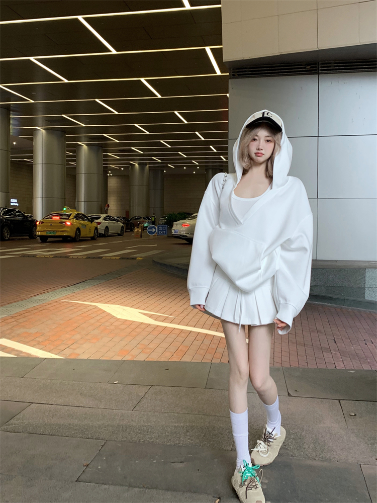 Women's Summer Early Autumn Short Skirt Two-Piece Set with Solid Color Hooded Sweatshirt