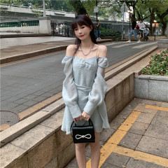Real shot new Korean version shows thin temperament, hot girl style, irregular one line collar Sling Dress, women's dress skirt