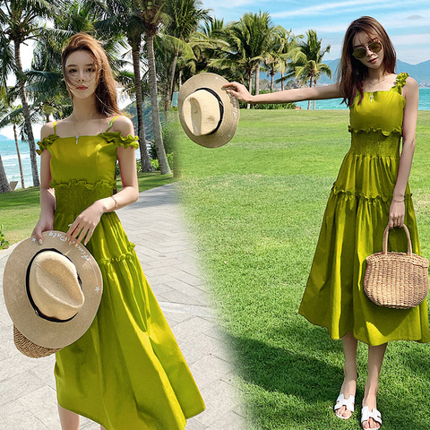 2022 new spring, summer and autumn Avocado Green Dress forest suspender small fresh super fairy vest French skirt